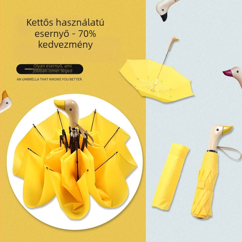 Automata háromrészes összecsukható esernyő, fa nyéllel, 8 bordás váz, rajzfilm kacsa motívum, nyomtatott logó