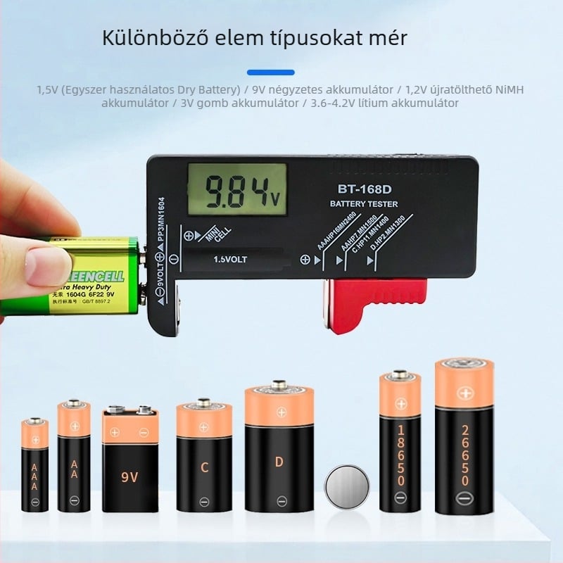 Powerlion hordozható LCD kijelzős teszter, No.5/No.7 gombelemhez, 9V elem teszter, többfunkciós mérőeszköz