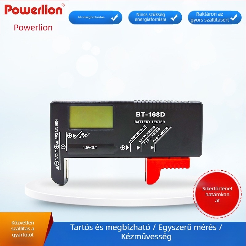 Powerlion hordozható LCD kijelzős teszter, No.5/No.7 gombelemhez, 9V elem teszter, többfunkciós mérőeszköz