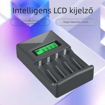 Ni-MH akkumulátortöltő, 4 rekesz, LCD kijelző, intelligens gyors töltés, AA/AAA elemekhez, bemenet 5V 2A, kimenet 1.2V 1800mA