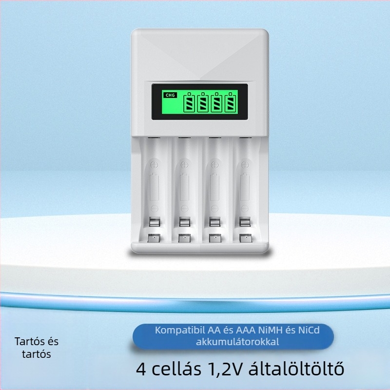 Ni-MH akkumulátortöltő, 4 rekesz, LCD kijelző, intelligens gyors töltés, AA/AAA elemekhez, bemenet 5V 2A, kimenet 1.2V 1800mA