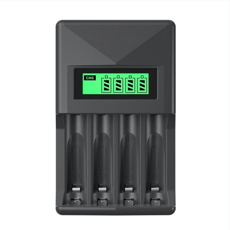 Ni-MH akkumulátortöltő, 4 rekesz, LCD kijelző, intelligens gyors töltés, AA/AAA elemekhez, bemenet 5V 2A, kimenet 1.2V 1800mA