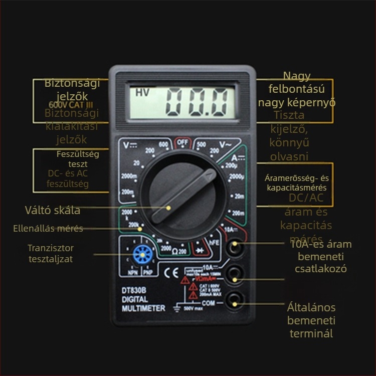 Digitális multiméter DT830B – asztali multiméter, CE tanúsítvány, adatmegőrzés, automatikus kikapcsolás, modell 830B