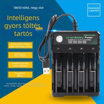 BMAX 18650 töltő, 4 rekesz, bemenet 5V 1-2A, kimenet 4.2V 1000mA, CE/FCC tanúsított