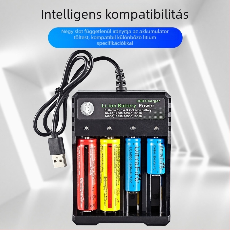 BMAX 18650 töltő, 4 rekesz, bemenet 5V 1-2A, kimenet 4.2V 1000mA, CE/FCC tanúsított