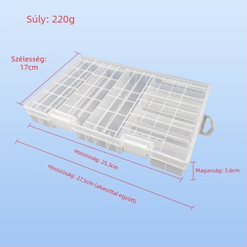 PowerLion ROHS-tanúsítvánnyal rendelkező akkumulátor-tároló doboz több rekeszes kialakítással – átlátszó rendező, cilindrikus akkumulátorokhoz