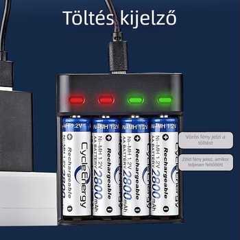 4 slotos USB töltő AA/AAA Ni-MH akkukhoz, független töltési csatornák, CE tanúsítvánnyal, bemenet 5V DC, kimenet 1.2V DC cellánként