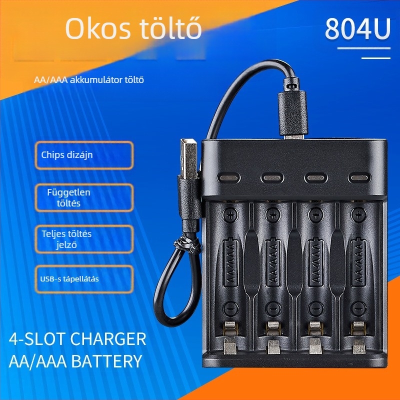 4 slotos USB töltő AA/AAA Ni-MH akkukhoz, független töltési csatornák, CE tanúsítvánnyal, bemenet 5V DC, kimenet 1.2V DC cellánként