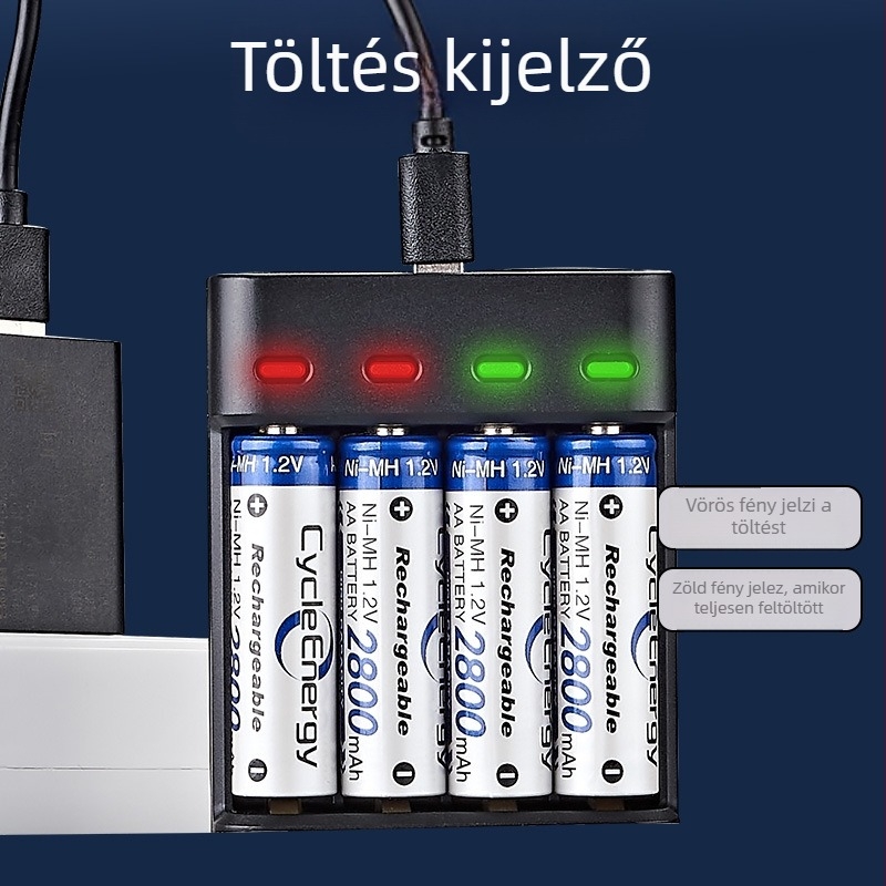 4 slotos USB töltő AA/AAA Ni-MH akkukhoz, független töltési csatornák, CE tanúsítvánnyal, bemenet 5V DC, kimenet 1.2V DC cellánként