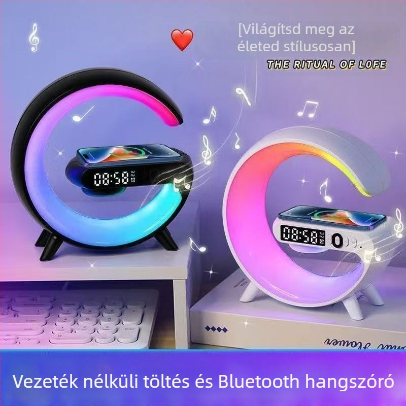 Bluetooth hangszóró, intelligens lámpa, ébresztőóra világító funkcióval, vezeték nélküli töltő - 4W LED