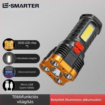 Kültéri hordozható LED zseblámpa több fényforrással, 10W, 360°-os forgatás, hosszú hatótávolság 200–500 m, akkumulátoros működés, többfunkciós túláramvédelmi