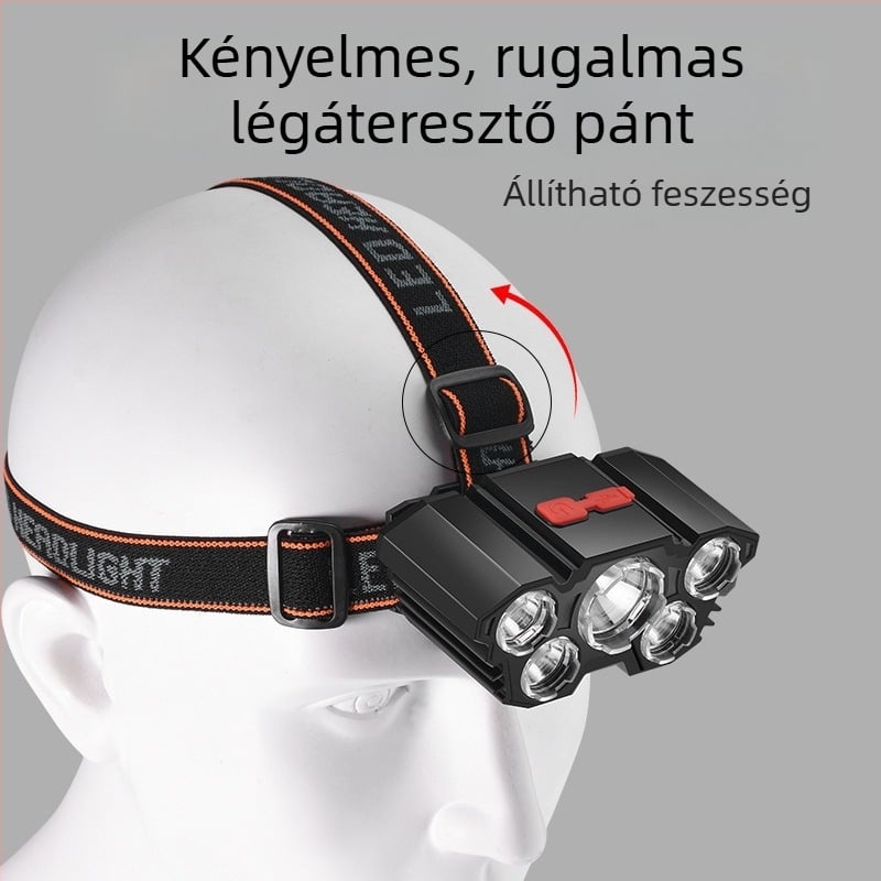Tölthető fejlámpa beépített 18650-es akkumulátorral (1200 mAh), USB töltés, COB fényforrás, 5 LED-es világítás, ABS ház, max 50 m hatótáv