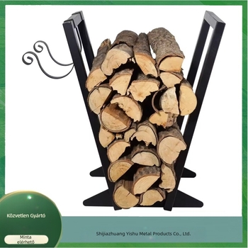 Kovácsoltvas tüzelőfa tartó kampókkal, hordozható, egyemeletes, padlón álló