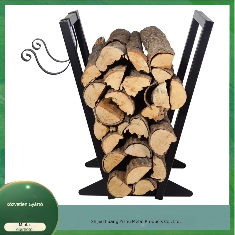 Kovácsoltvas tüzelőfa tartó kampókkal, hordozható, egyemeletes, padlón álló