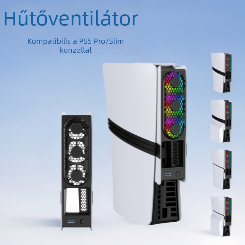 PS5 Pro/Slim hűtőventilátor intelligens hőmérséklet-vezérléssel és hátoldali RGB világítással