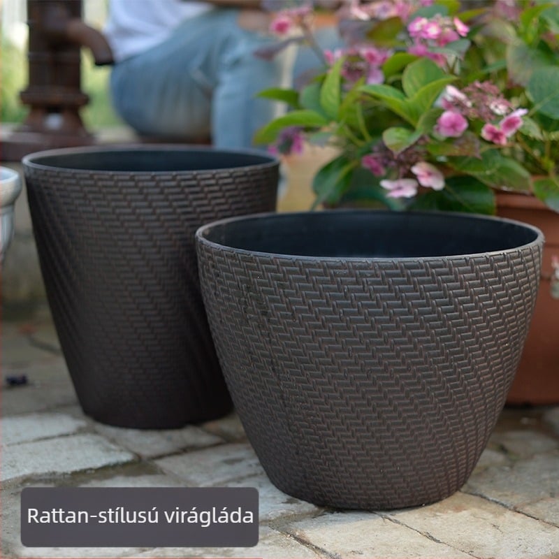 Műanyag virágcserép imitált fűrészfa-rattan mintával, gyártási eljárás: injekciós formázás, padlóra való használatra, egyszerű stílus (Anyag: műanyag; Gyártási folyamat: injekciós formázás; Használat típusa: padlóra; Licencelhető magáncímke: Igen)