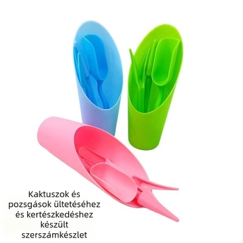 Műanyagból készült három részes kertészeti eszköz készlet, ültetéshez és talajmunkához
