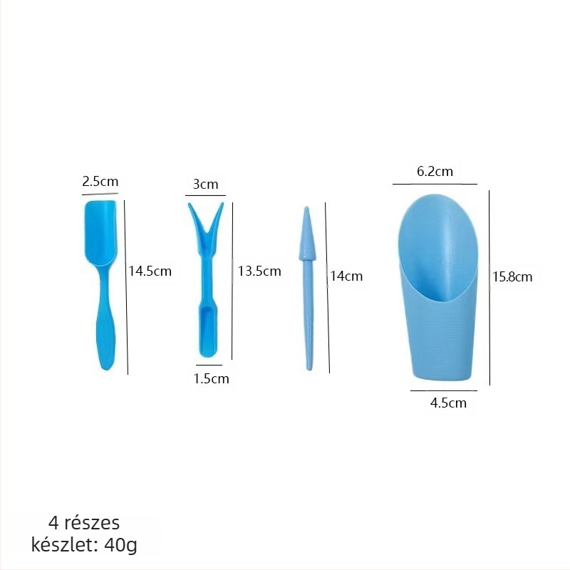 Műanyagból készült három részes kertészeti eszköz készlet, ültetéshez és talajmunkához
