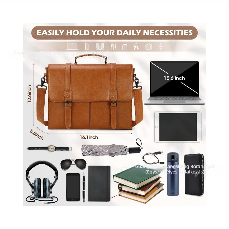 Férfi laptop válltáska műbőrből – vintage, üzleti, többfunkciós, nagy kapacitás, PU bélés, egységes mintázat, 2024 tavasz