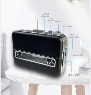 KDJ01 modellű hordozható kazettás lejátszó, 3V/3W, USB-C, kétcsatornás sztereó, MP3 felvétel