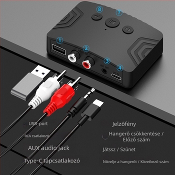 Bluetooth zenevevő R20 Type-C táplálás, AUX/RCA kimenet, Plug-and-Play, Bluetooth 5.3, 10 m hatótávolság