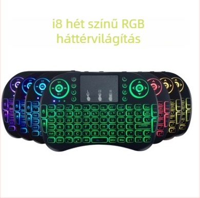 i8 billentyűzet — mini vezeték nélküli billentyűzet légi egérrel, USB interfész, 2.4G vezeték nélküli kapcsolat, háttérvilágítás, hatótávolság 10 m, súly 0,13 kg