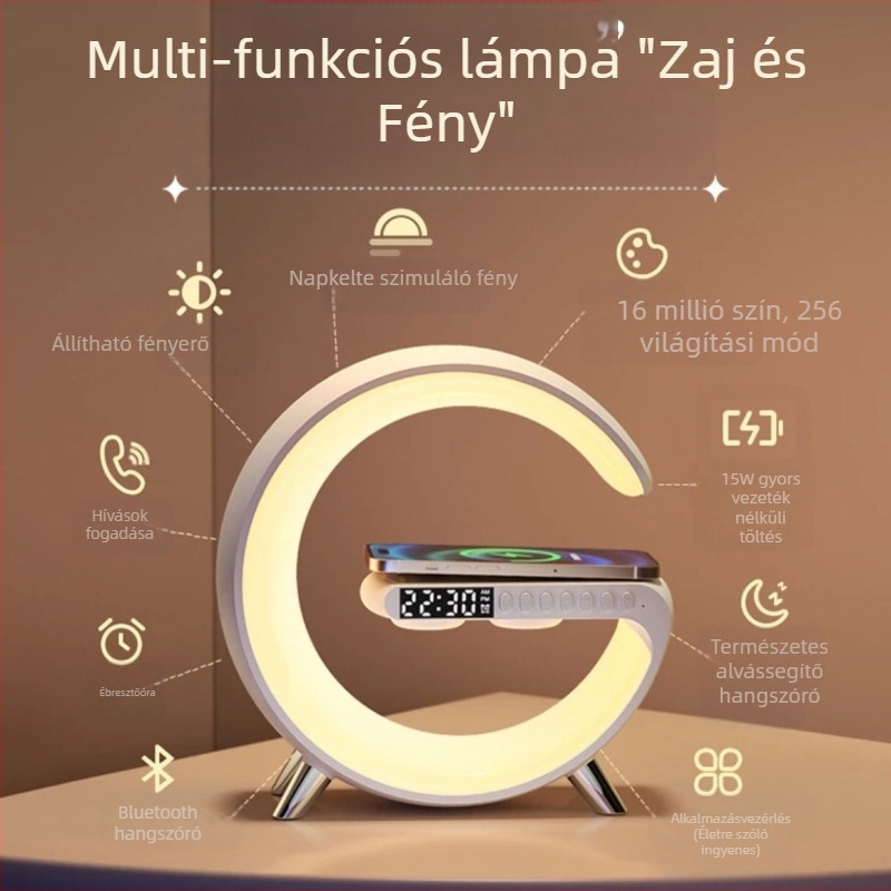 AI vezeték nélküli töltésű Bluetooth hangszóró környezeti fényekkel, ébresztőórával és asztali lámpával (Bluetooth 5.3; vezeték nélküli töltés; beépített akkumulátor; ébresztőóra)