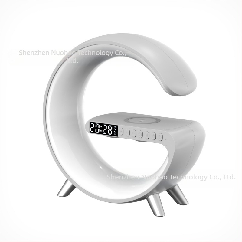 AI vezeték nélküli töltésű Bluetooth hangszóró környezeti fényekkel, ébresztőórával és asztali lámpával (Bluetooth 5.3; vezeték nélküli töltés; beépített akkumulátor; ébresztőóra)