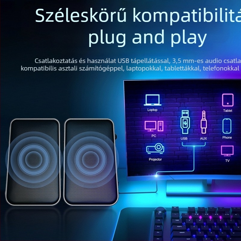 CO712 2.0-s számítógép hangszórók asztali számítógéphez és laptophoz, USB + 3.5 mm bemenet, 60Hz-15kHz, 10W kimenet, SNR ≥75dB