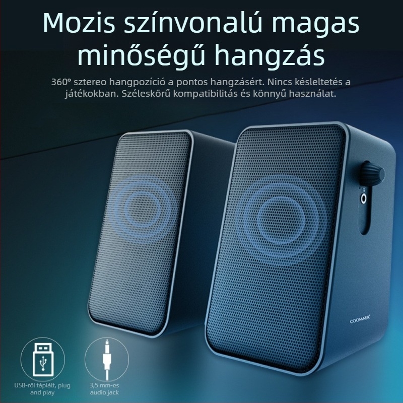 CO712 2.0-s számítógép hangszórók asztali számítógéphez és laptophoz, USB + 3.5 mm bemenet, 60Hz-15kHz, 10W kimenet, SNR ≥75dB