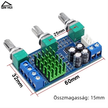 TPA3116D2 kétsávos digitális erősítőpanel, 2×80W, basszus-szabályozás, beépített NE5532 operációs erősítő