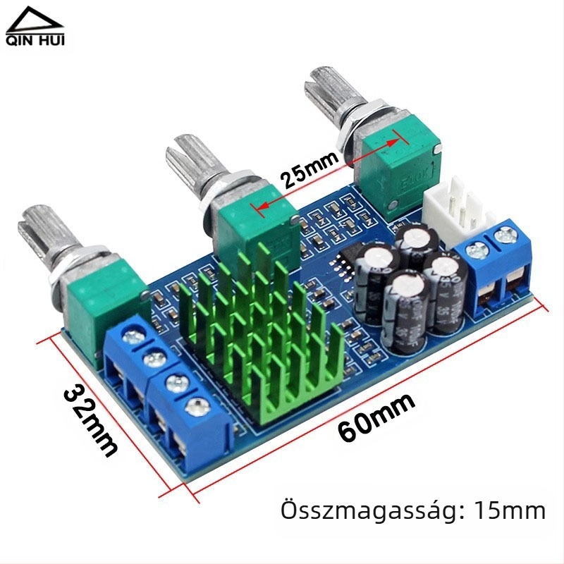 TPA3116D2 kétsávos digitális erősítőpanel, 2×80W, basszus-szabályozás, beépített NE5532 operációs erősítő