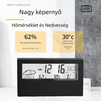 Ébresztőóra kétoldalas dizájnnal, LED számkijelző, hőmérő, időjárás-előrejelzés és örökös naptár