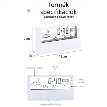 Ébresztőóra kétoldalas dizájnnal, LED számkijelző, hőmérő, időjárás-előrejelzés és örökös naptár
