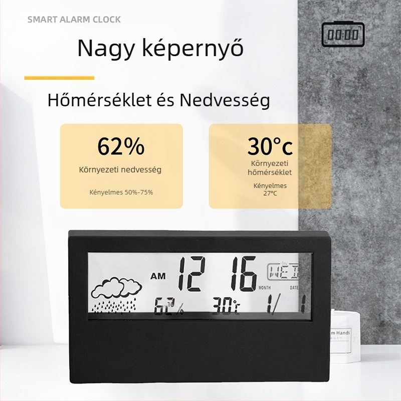 Ébresztőóra kétoldalas dizájnnal, LED számkijelző, hőmérő, időjárás-előrejelzés és örökös naptár