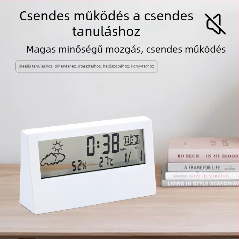 Ébresztőóra kétoldalas dizájnnal, LED számkijelző, hőmérő, időjárás-előrejelzés és örökös naptár