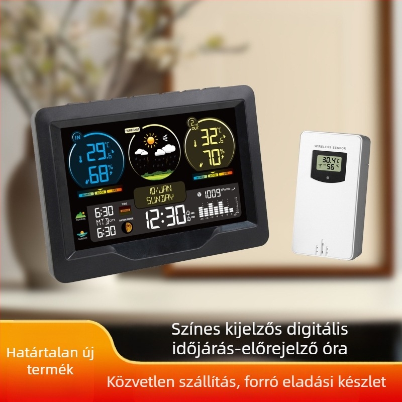 FJ3383M digitális higrométer időjárás-óra előrejelzéssel, naptárral, napkelte és napnyugta, ébresztő