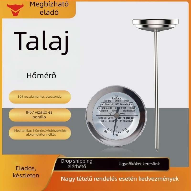 Rozsdamentes acél talajhőmérő kerthez, vízálló, akkumulátor nélküli, 0–30°C tartomány, 2.5°C felbontás, Kaitai KT