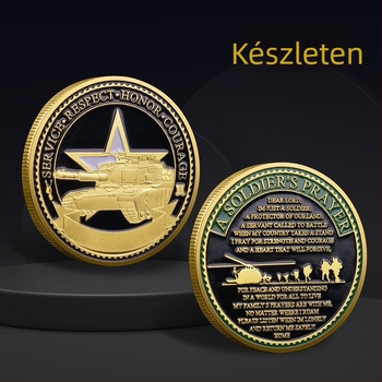 Hadtörténeti emlékérem katona és tank motívummal – vasból készült, PP zacskóban műanyag burkolat, üzleti ajándék