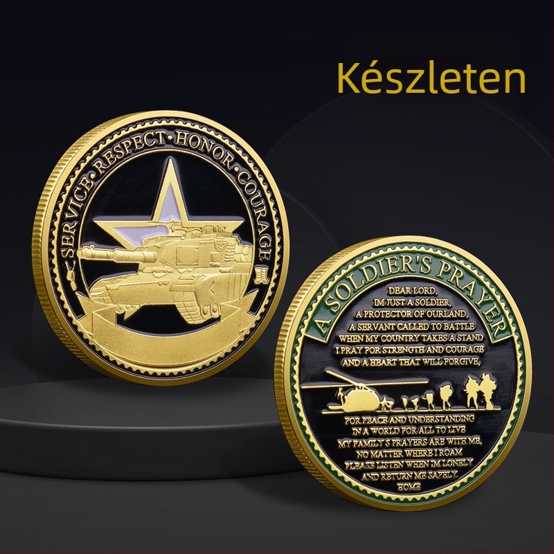 Hadtörténeti emlékérem katona és tank motívummal – vasból készült, PP zacskóban műanyag burkolat, üzleti ajándék
