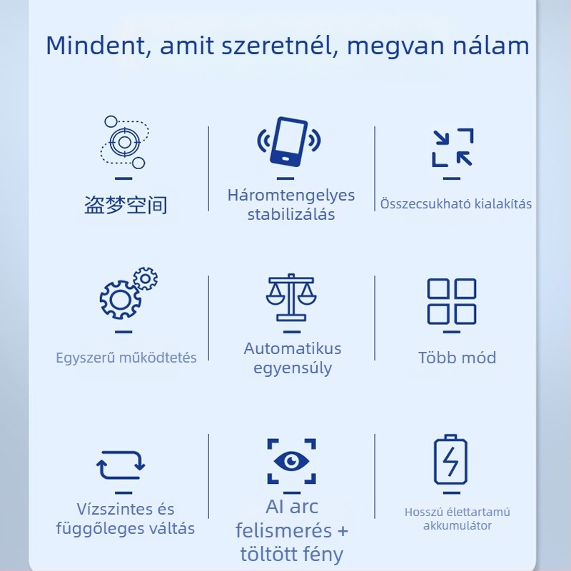 3-tengelyes gimbal AI arckövetéssel, világítással, Bluetooth-kapcsolat és selfie állvánnyal VLOG-hoz
