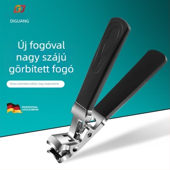 Ívelt körömvágó hosszú nyéllel – nagy nyílású, sík szájú, hordozható háztartási eszköz; anyag: műanyag + rozsdamentes acél