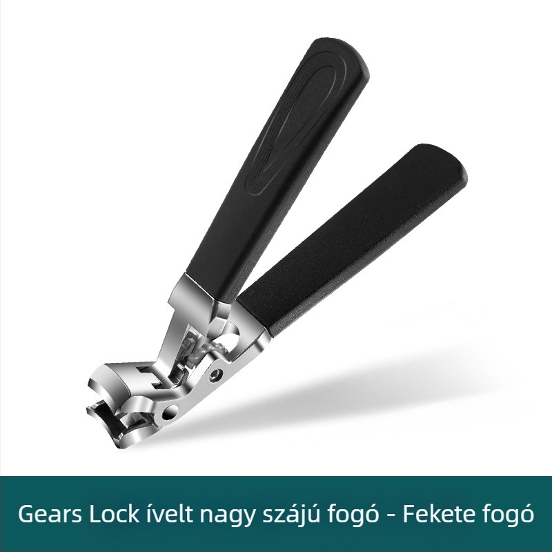 Ívelt körömvágó hosszú nyéllel – nagy nyílású, sík szájú, hordozható háztartási eszköz; anyag: műanyag + rozsdamentes acél