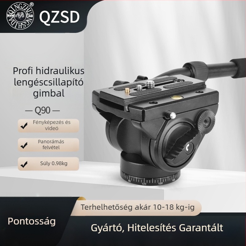 DSLR hidraulikus gimbal tripod Q90 madárfotózás és telefotózás számára, kamera fogantyúval 3/8-1/4 csatlakozás • alumínium ötvözet • 360° vízszintes forgás • 90° függőleges forgás • tömeg 0,99 kg