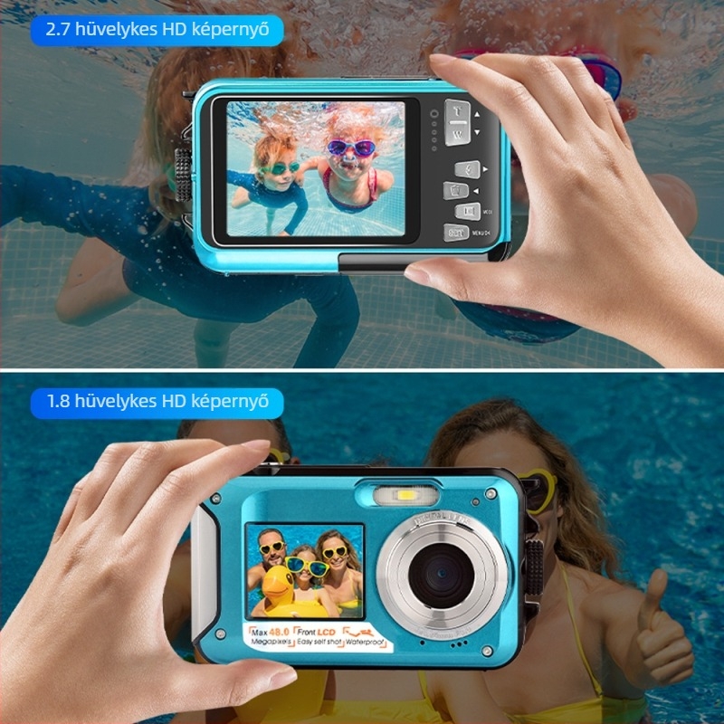 WP06 Víz alatti digitális kamera, 48MP, Két LCD kijelző (1.8/2.7 inch), ABS tokozás, TF kártya tárolás, 3 órás akkumulátor