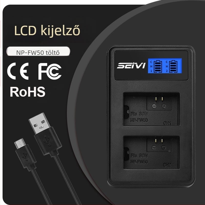 SEIVI NP-FW50 töltő Type-C LCD kijelzővel, 8.4V 0.6A×2 a Sony FW50 akkumulátorhoz
