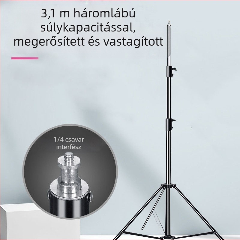 Fényképezőgép lámpa állvány mobiltelefon tartóval, anyag: alumínium ötvözet + vas + műanyag; teherbírás 10 kg; 3 szegmens; csőátmérő 24/27/31 mm; súly 1,5 kg