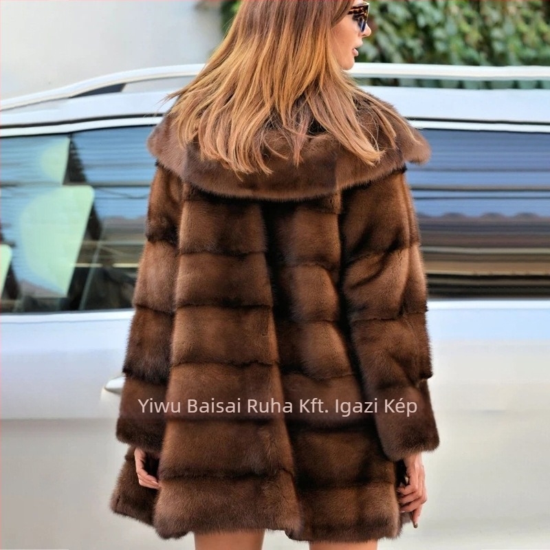 Női műszőrme kabát, középhosszú, kapucnis, hosszú ujjú, elegáns stílus