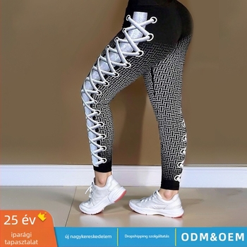 Női jóga nadrágok magas derék, elasztikus derék, csípőemelés, szoros szabás, geometriai mintás, anyag: imitációs pamut-poliészter (80-90% poliészter)