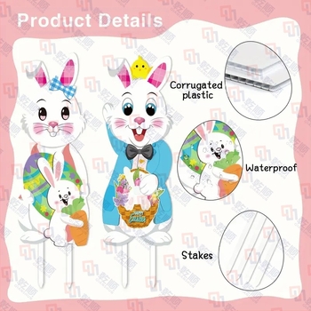 Két darabos húsvéti kerti jelzőkészlet, műanyag kültéri fű-dekoráció, nyuszi földbe szúrt tartóval, UV-álló